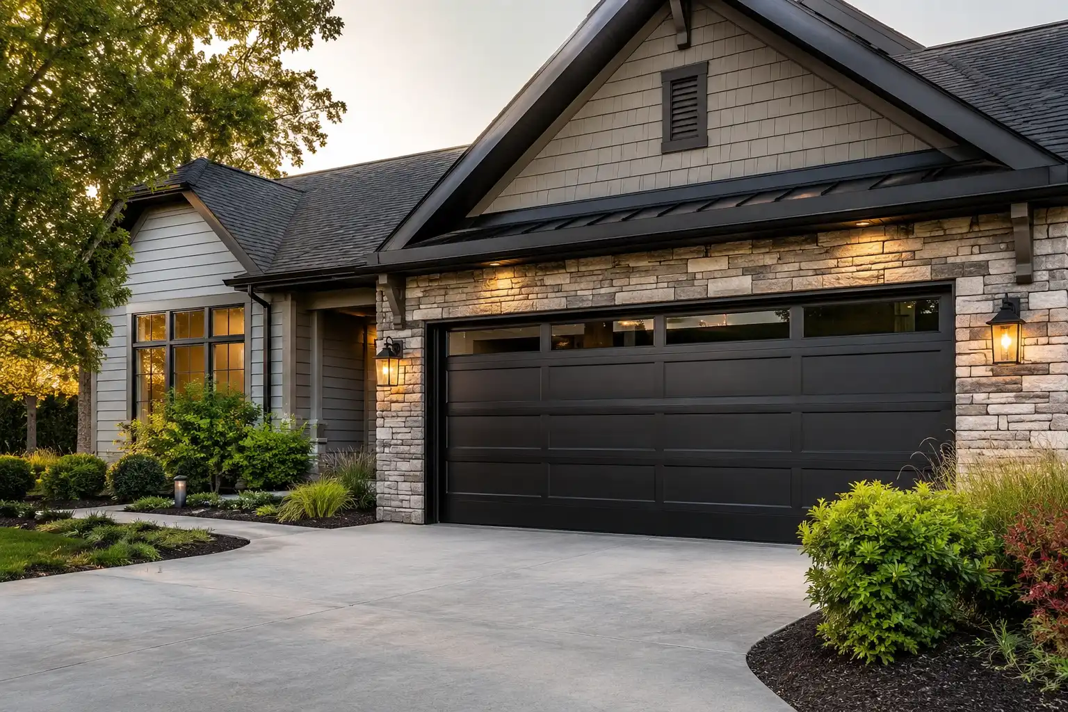 A modern home with a black flush-panel garage door