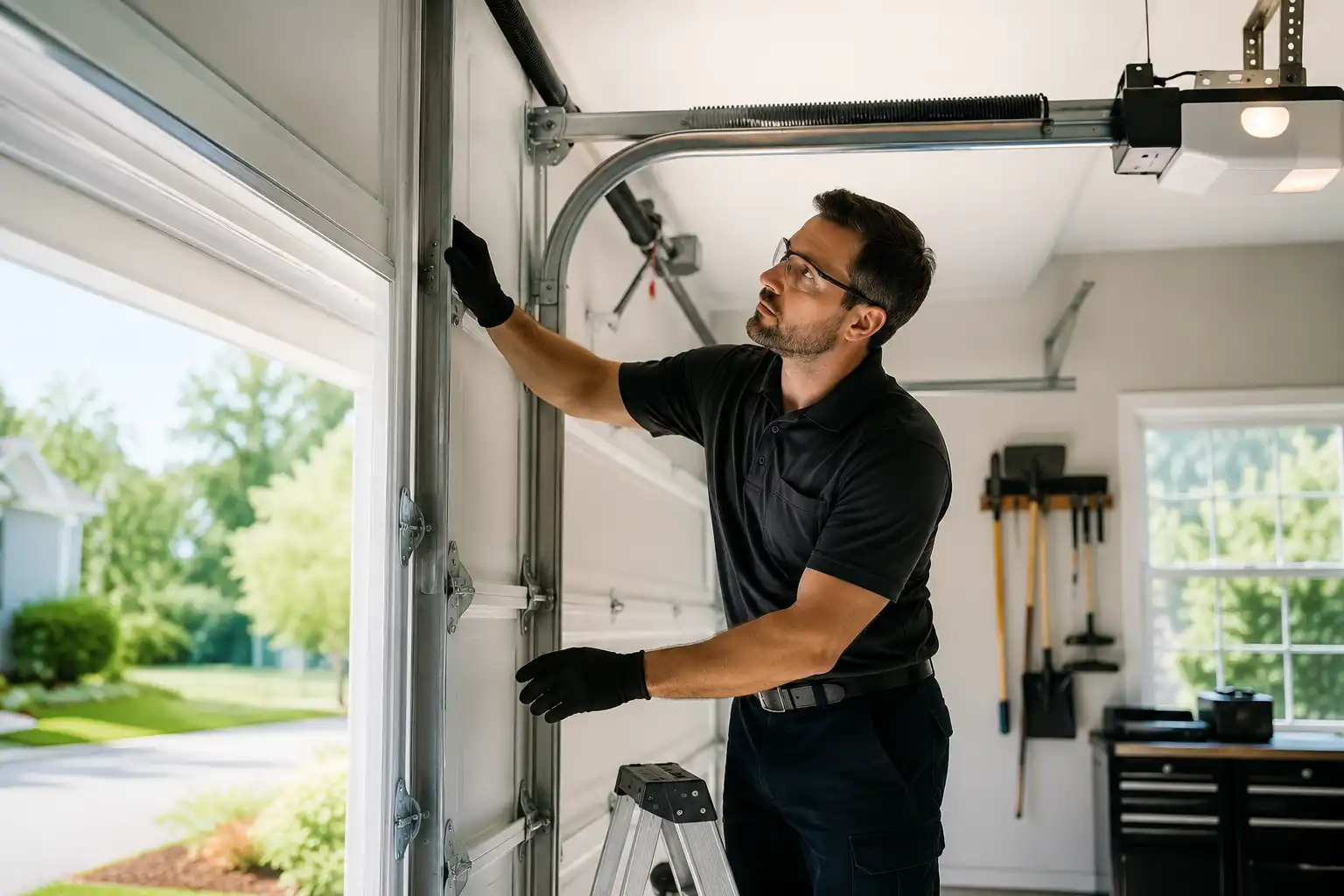 Technician inspecting a residential garage door system