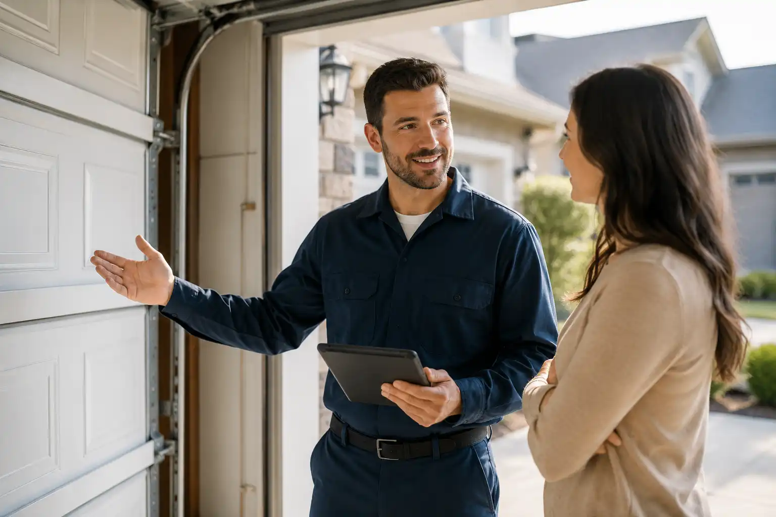 Technician explaining garage door repair options to a homeowner
