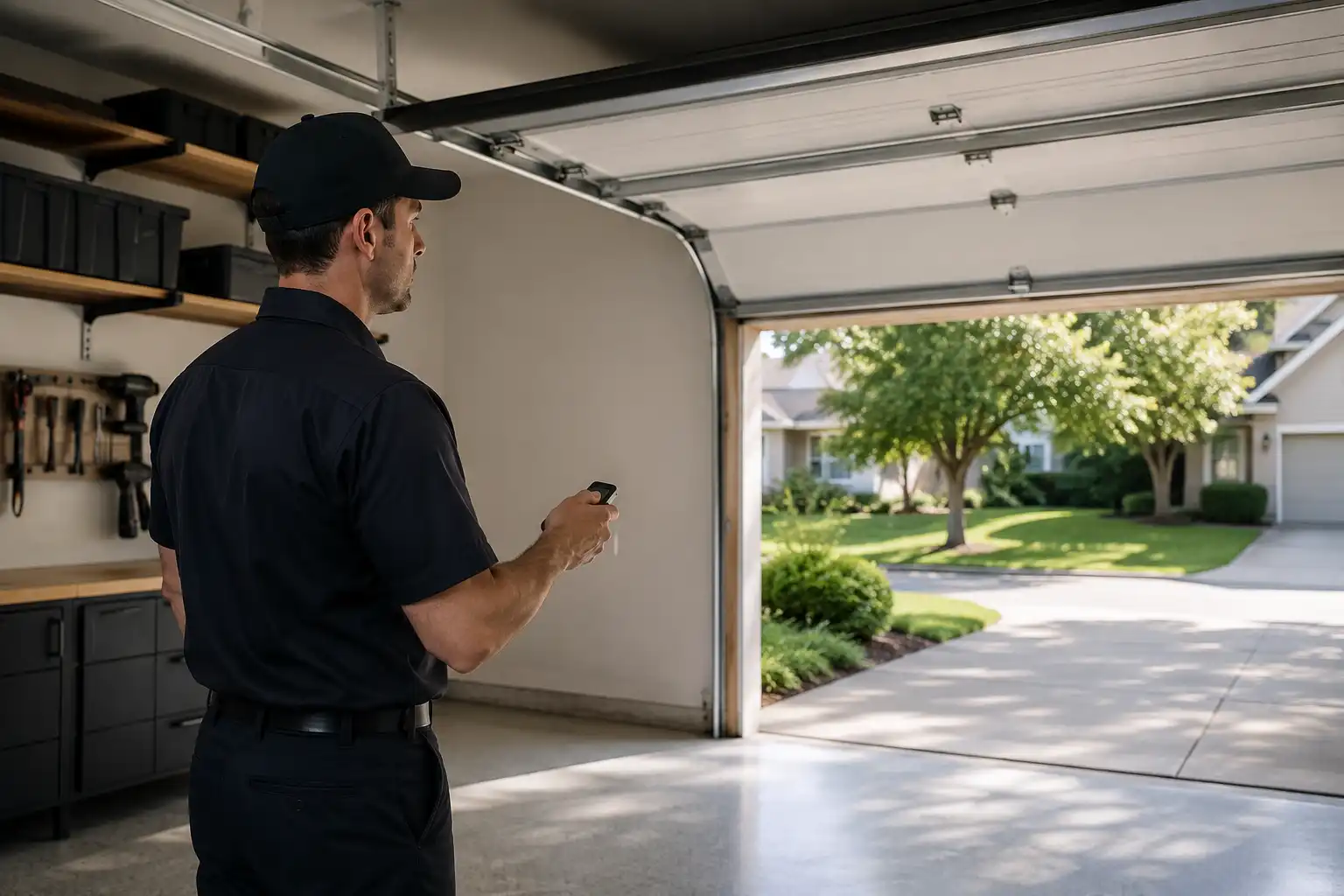 Technician testing a garage door after repair