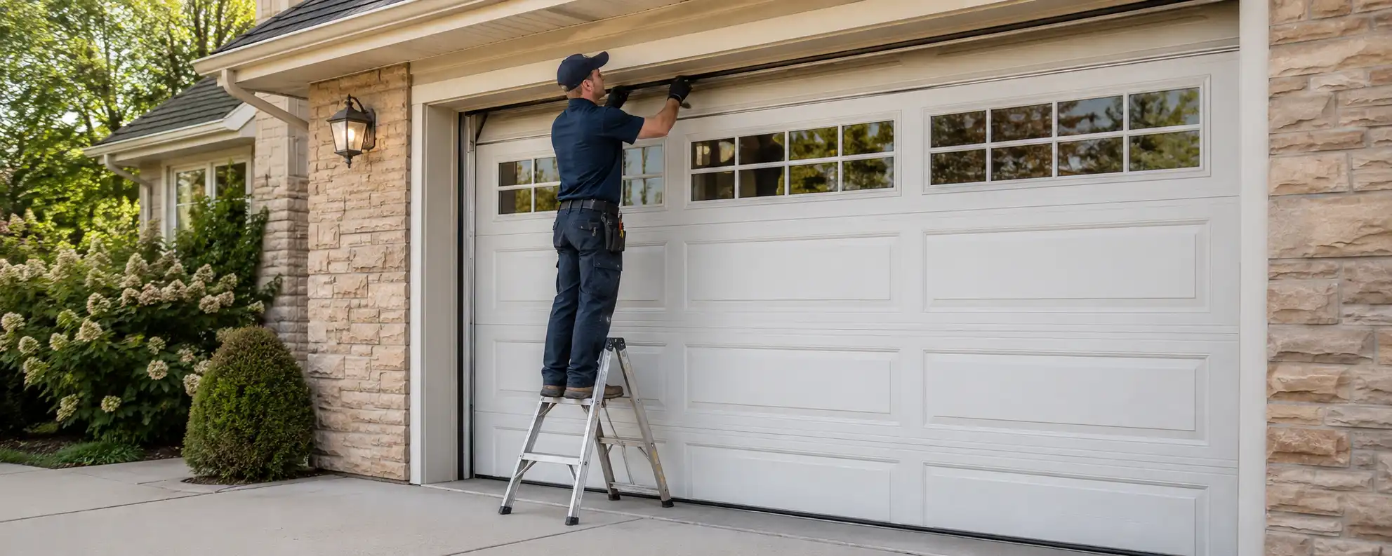 Modern residential garage door with six repair hotspots