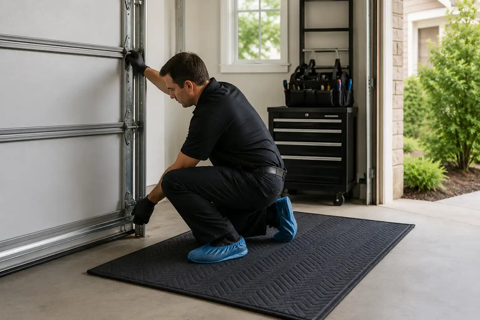 Close view of careful garage door spring repair work