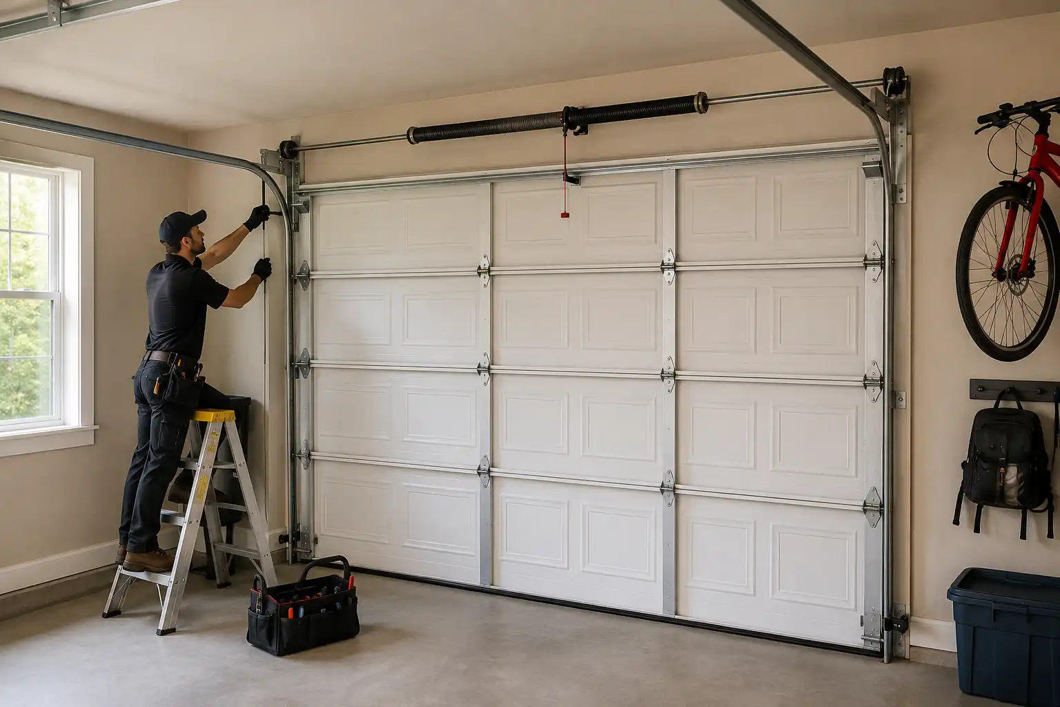 Garage door technician repairing the spring and cable system above a secured door