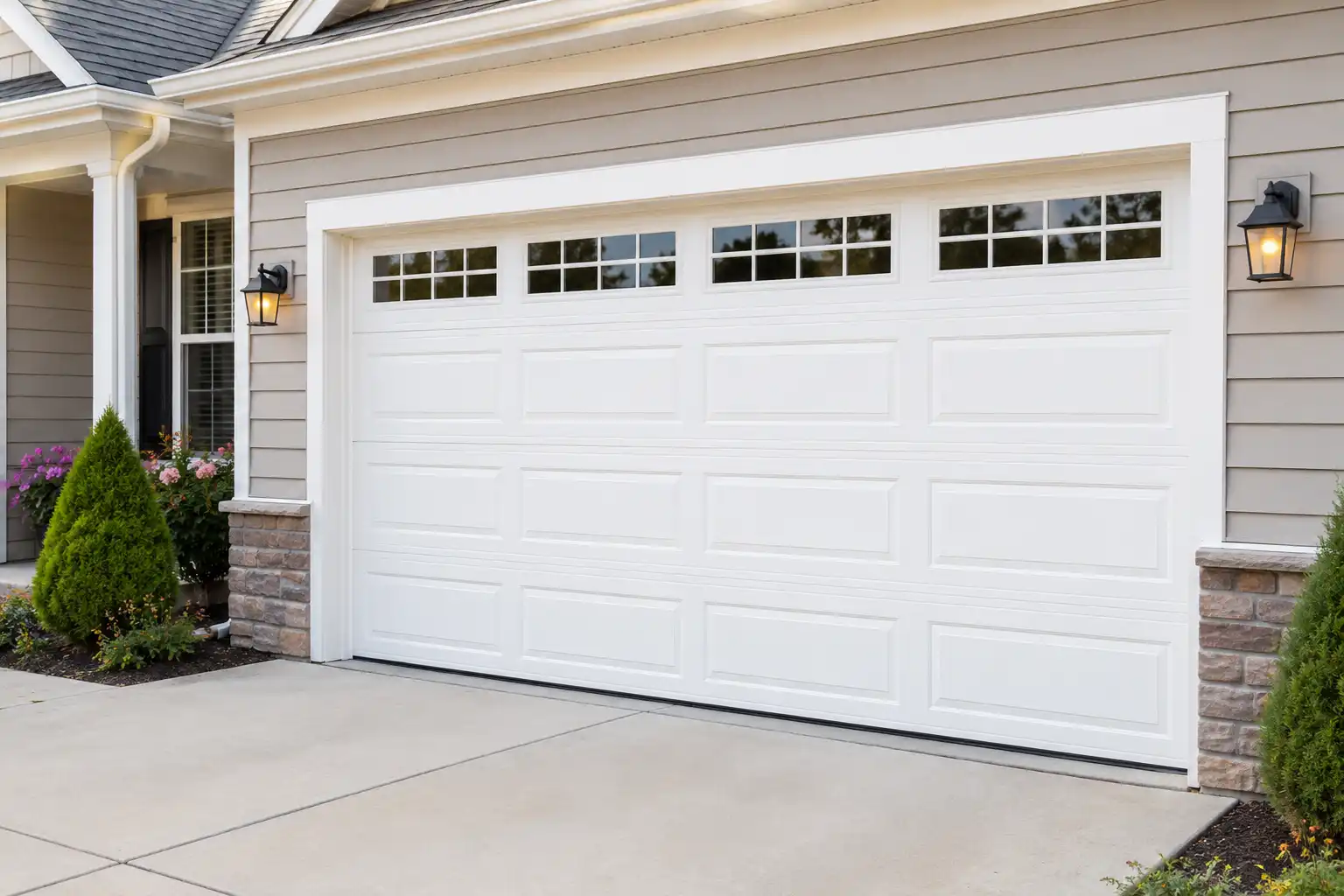 New insulated sectional garage door installed on a finished home