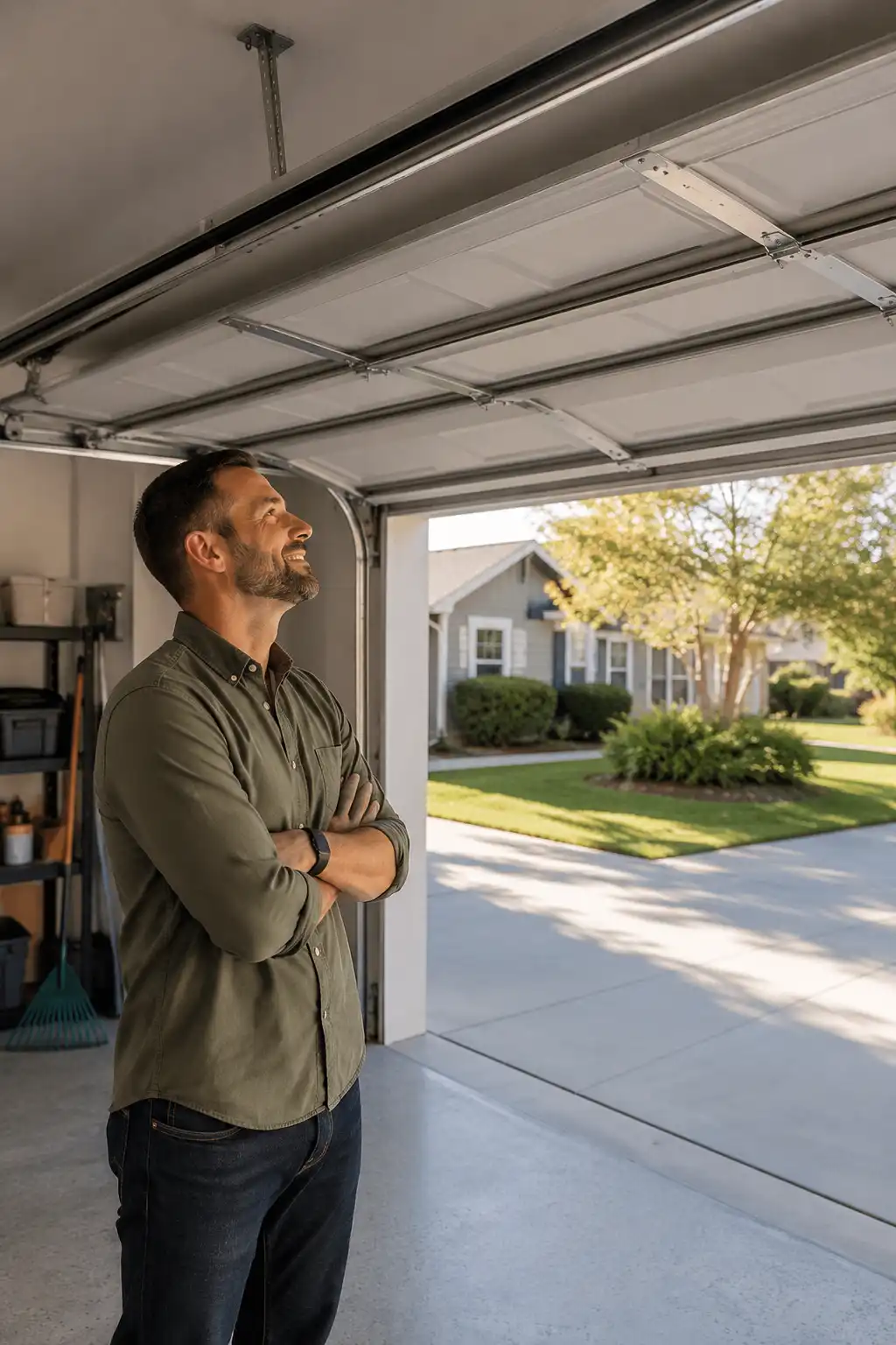 A technician performing garage door maintenance